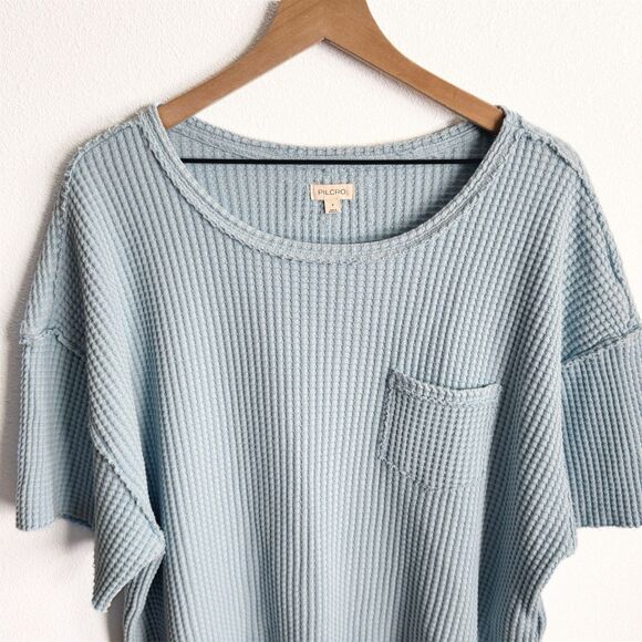 Pilcro Anthropologie‎ Top Womens Small Blue Gauzy Waffle Knit Crop Coastal Boho - Picture 3 of 10